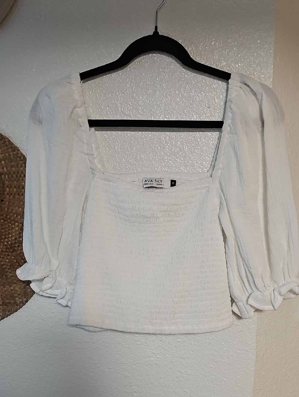 Ava Sky White Textured Puff Sleeve Square Neck Blouse